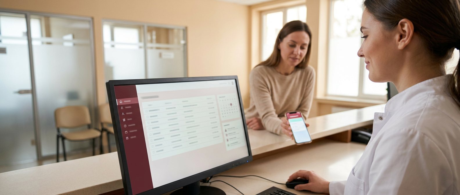 Рецепція лабораторії: адміністратор оформлює замовлення в TerraLab Pro, пацієнтка показує застосунок на смартфоні (тимчасове зображення)